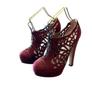 Valentino Garavani Burgundy Suede Cutout Platform High Heel Booties EU 39 US 9
